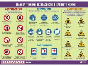 Таблица демонстрационная "Правила техники безопасности в кабинете химии" (винил 100х140) - fgospostavki.ru - Владимир